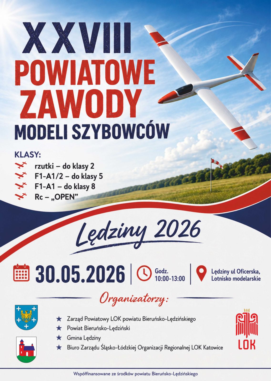 Plakat informacyjny dotyczący XXVIII Powiatowych zawodów modeli szybowców